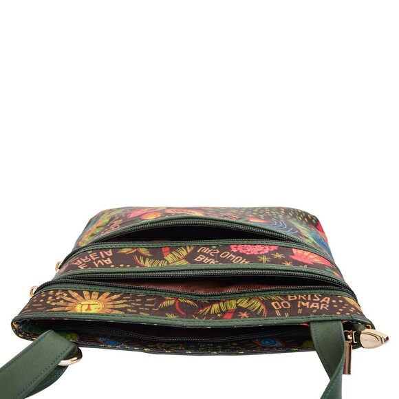 Ladies Green Printed Fabric Crossbody Sling Bag with Leather Trim–Shoulder Purse - Picture 6 of 9